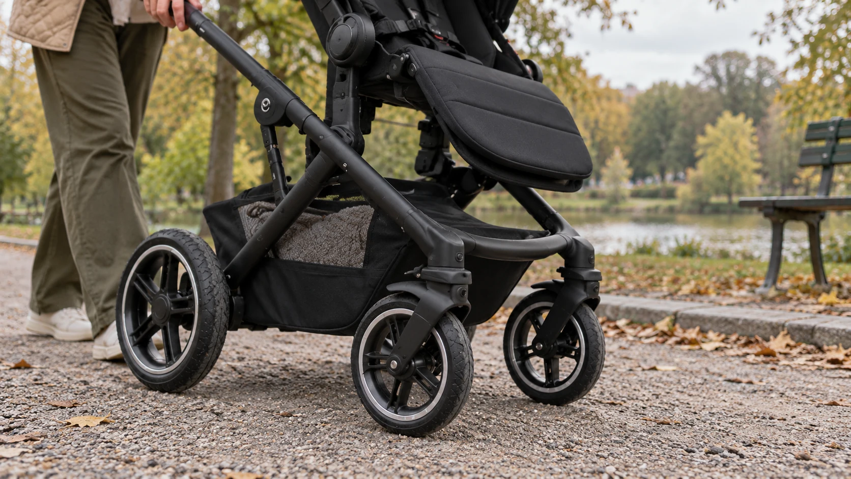 Räder und Fahrwerk des CYBEX Talos S Lux auf einem leicht unebenen Parkweg