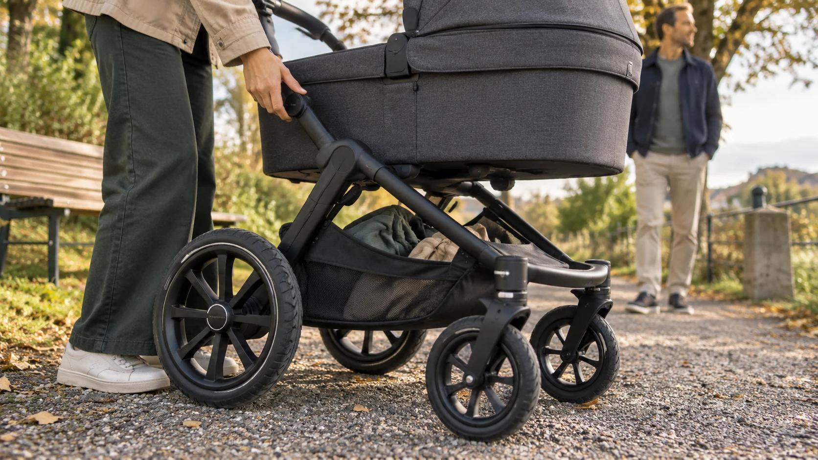 Große Räder und Fahrgestell des Emmaljunga SENTO MAX auf einem feinen Schotterweg