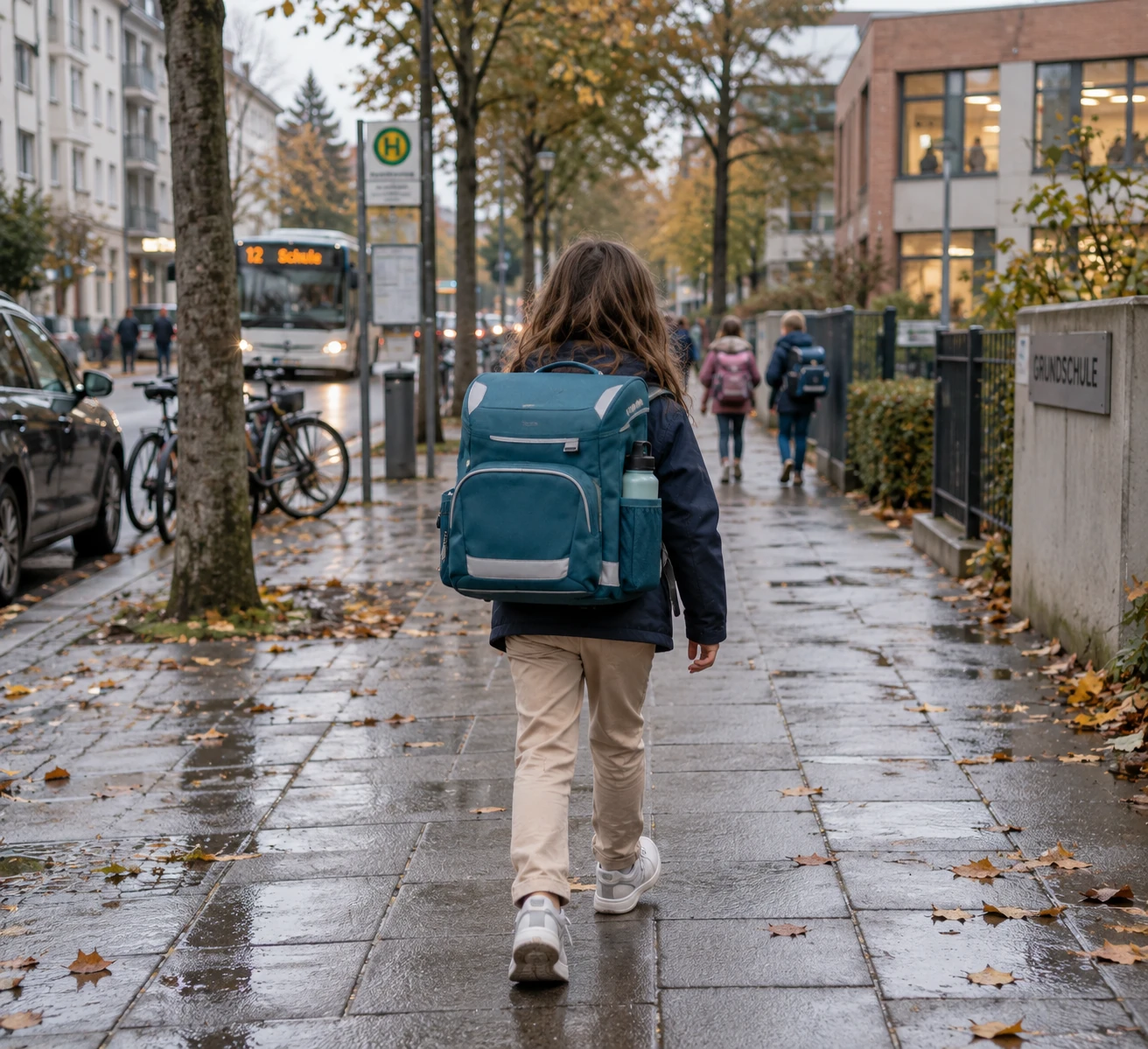 ergobag cubo light – Grundschulkind mit Schulranzen auf dem morgendlichen Schulweg