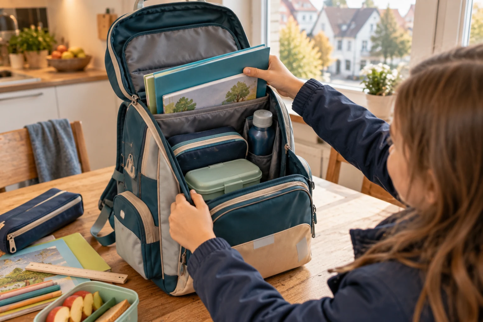 Geöffneter Schulranzen mit Schulbüchern, Brotdose, Trinkflasche und Mäppchen