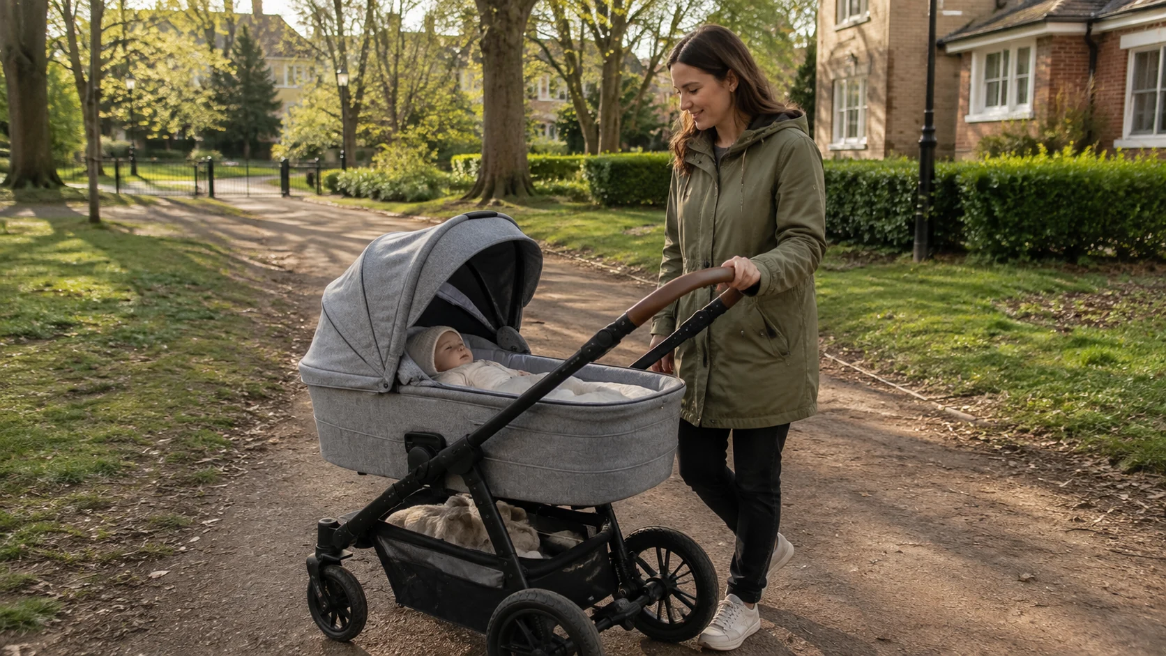 Baby in der geräumigen Babywanne des Joolz Geo5 bei einem Spaziergang im Park