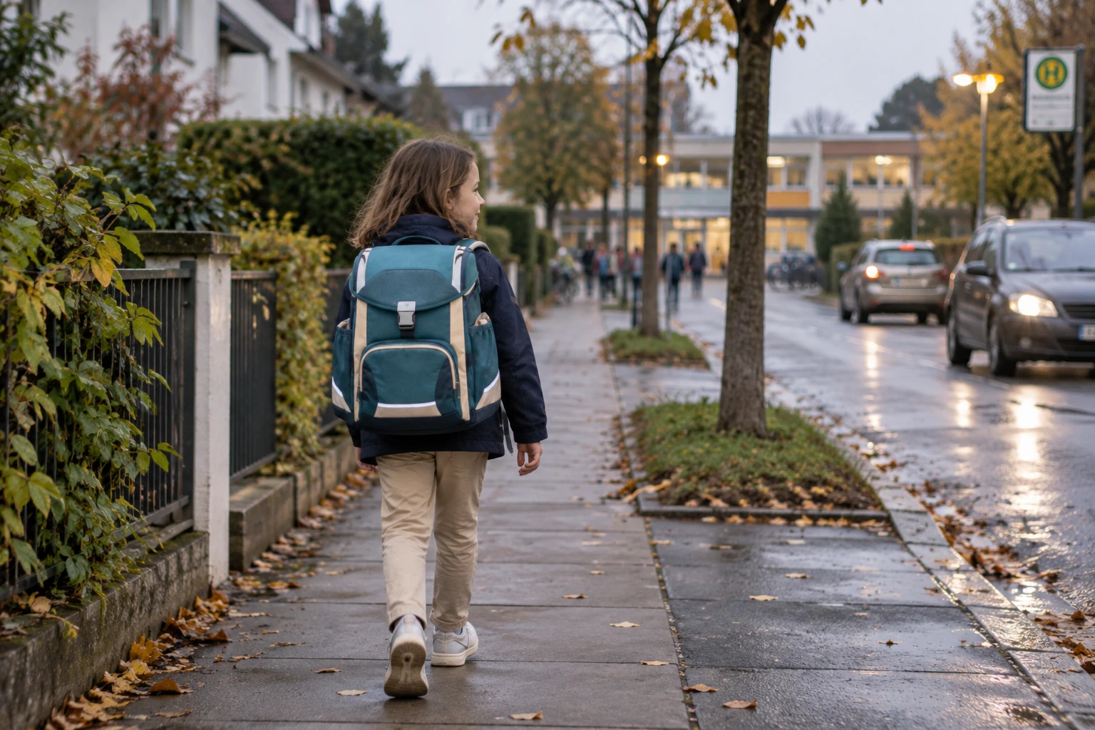 Grundschulkind mit reflektierendem Schulranzen auf dem Schulweg