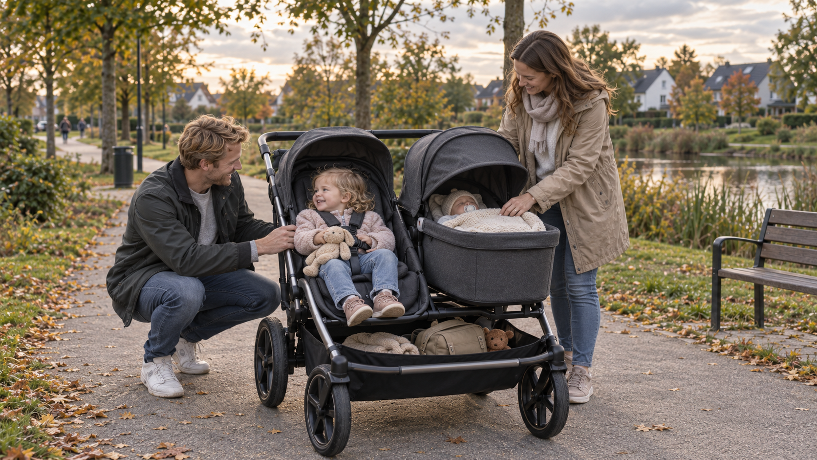 Baby in der Liegewanne und Kleinkind im Sitz des Bugaboo Donkey 6 Double auf einem Parkweg