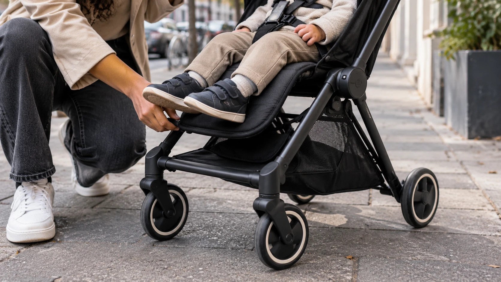 CYBEX Coya mit kompakten Rädern, Gestellverbindungen und Sportsitz im Detail