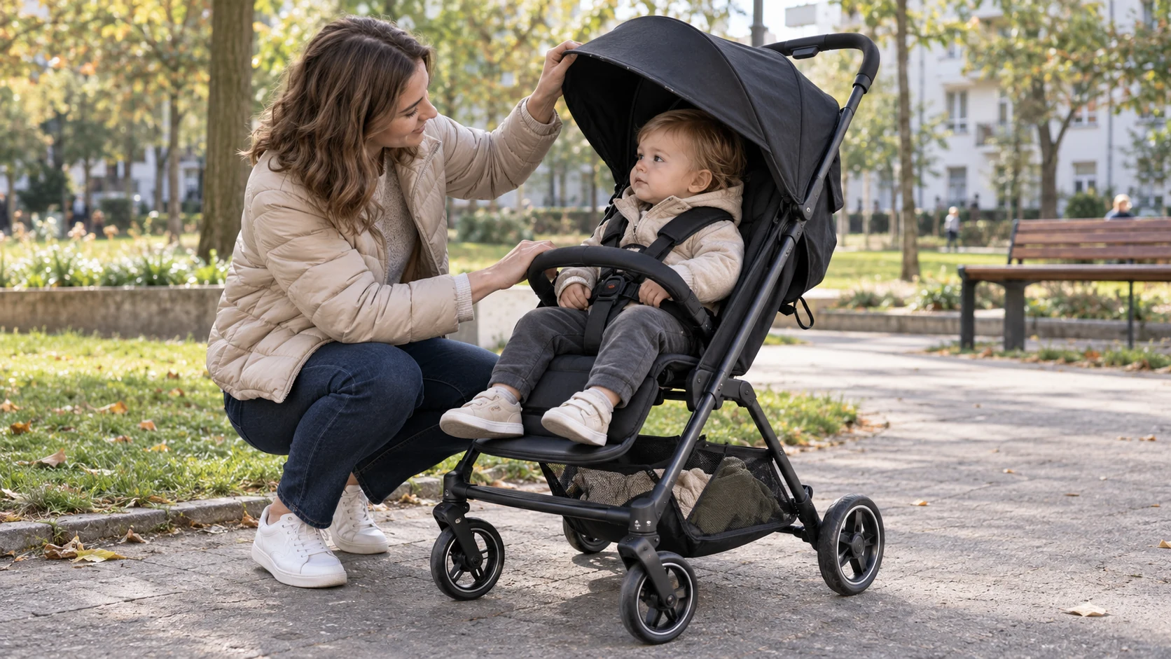 Kind im Sportsitz des Hauck Fly N Care mit großem Verdeck im Stadtpark