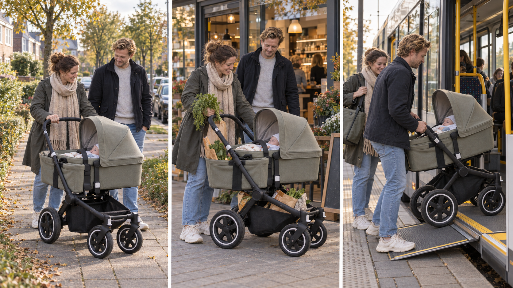 Bugaboo Donkey 6 Mono beim Spaziergang, Einkauf und Einstieg in einen Bus im Familienalltag