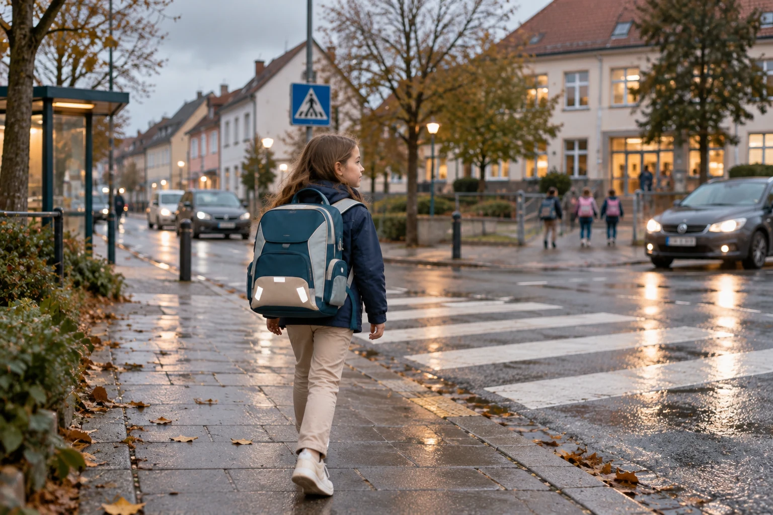 Grundschulkind mit Schulranzen auf einem Schulweg bei bedecktem Morgenlicht