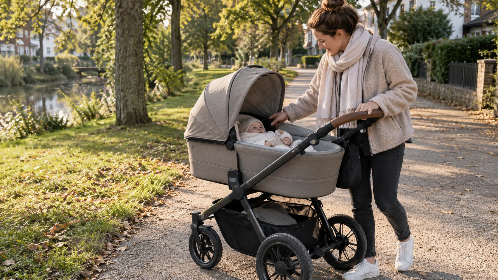 Joolz Geo5 mit Babywanne und großen Rädern bei einem ruhigen Spaziergang im Wohnpark