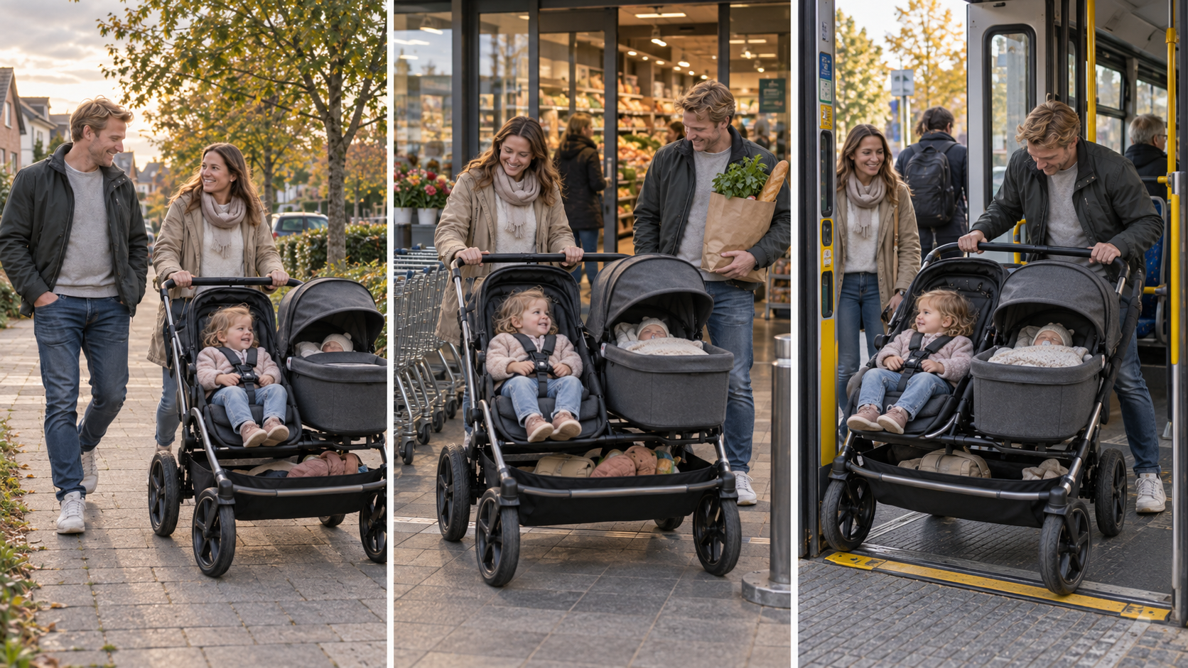 Bugaboo Donkey 6 Double im Alltag auf Parkweg, beim Einkauf und beim Einstieg in einen Bus