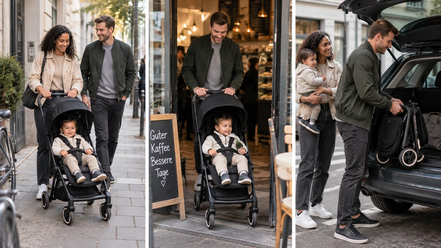 CYBEX Coya im Stadtalltag beim Spaziergang, Cafébesuch und Verstauen im Auto