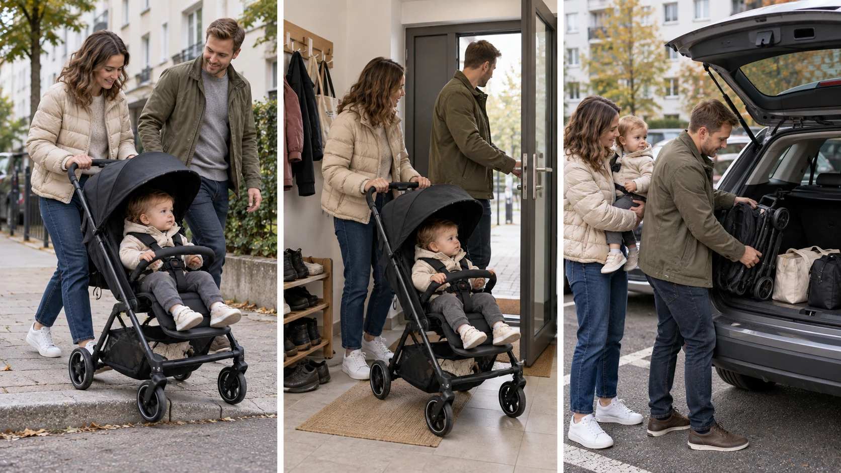 Hauck Fly N Care im Alltag auf Gehweg, im Hausflur und beim Verstauen im Auto
