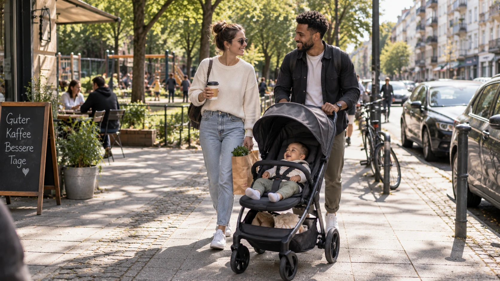 Familie mit ABC Design Avus 3 ähnlichem City-Buggy im urbanen Wohnviertel