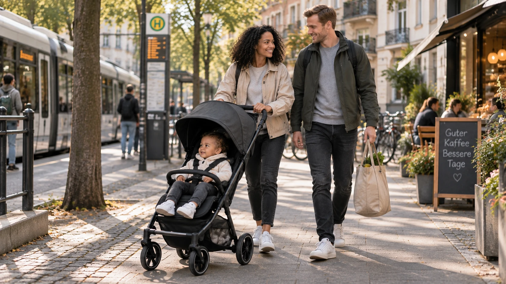 Familie mit ABC Design Ping 4 Trekking nahe einer Straßenbahnhaltestelle