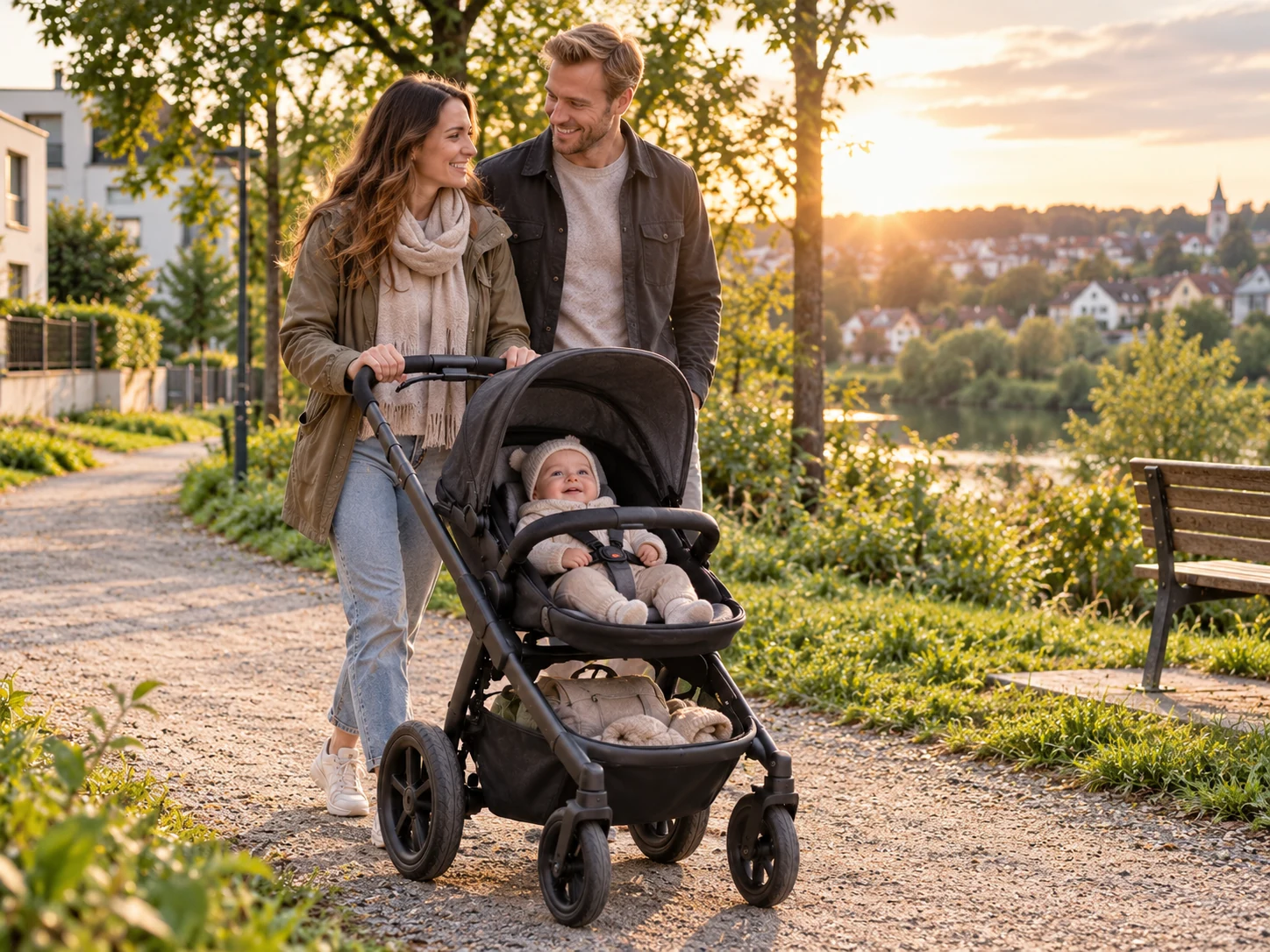 Familie mit Bugaboo Cub Kinderwagen zwischen Wohnviertel und Park