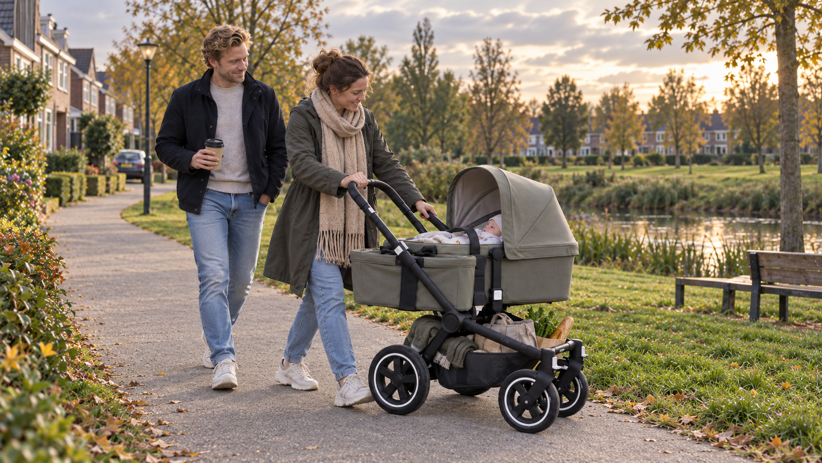 Familie mit Bugaboo Donkey 6 Mono und gefülltem Unterkorb auf einem breiten Parkweg