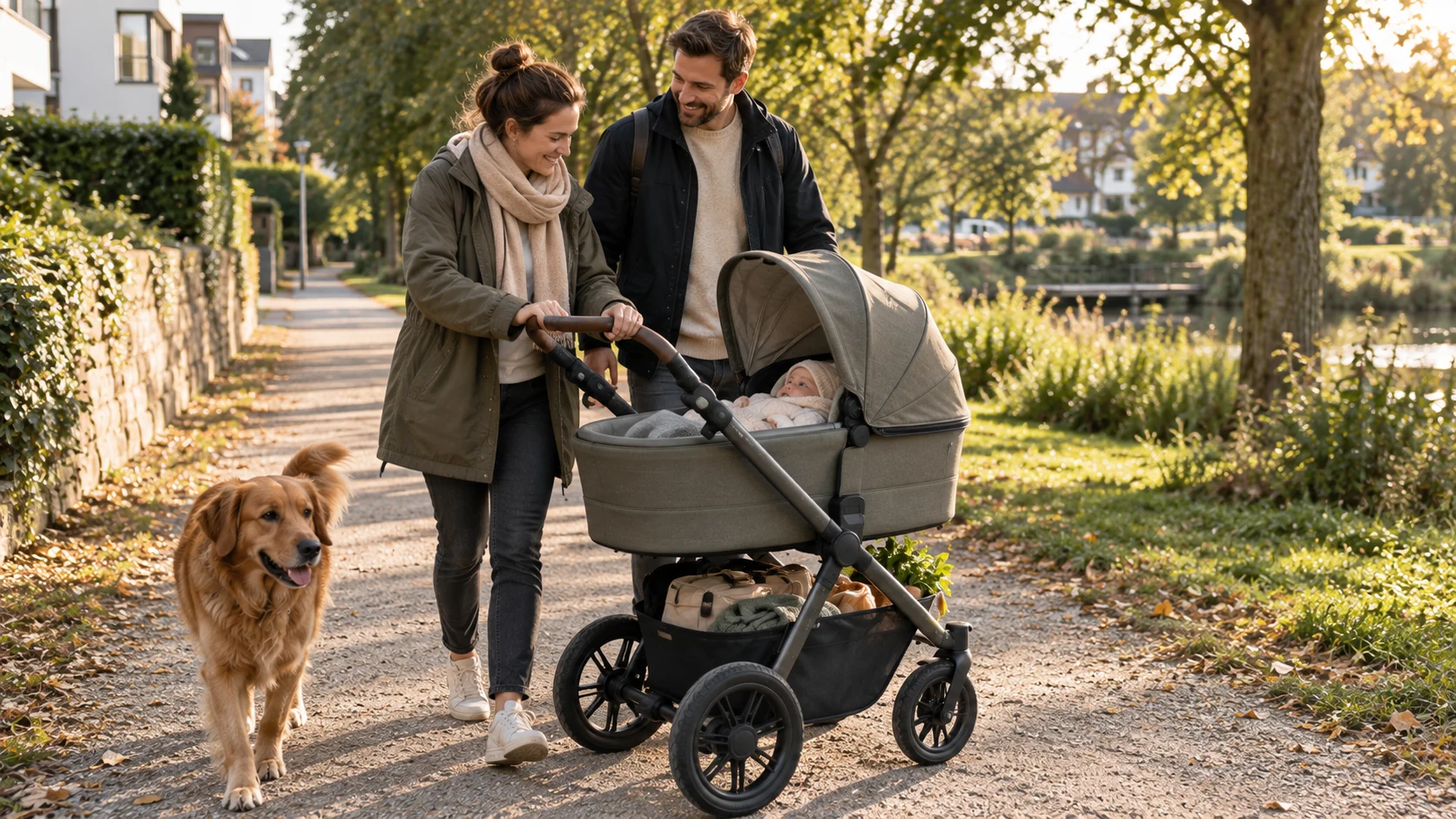 Familie mit Joolz Geo5 auf einem Parkweg zwischen Wohngebiet und Natur