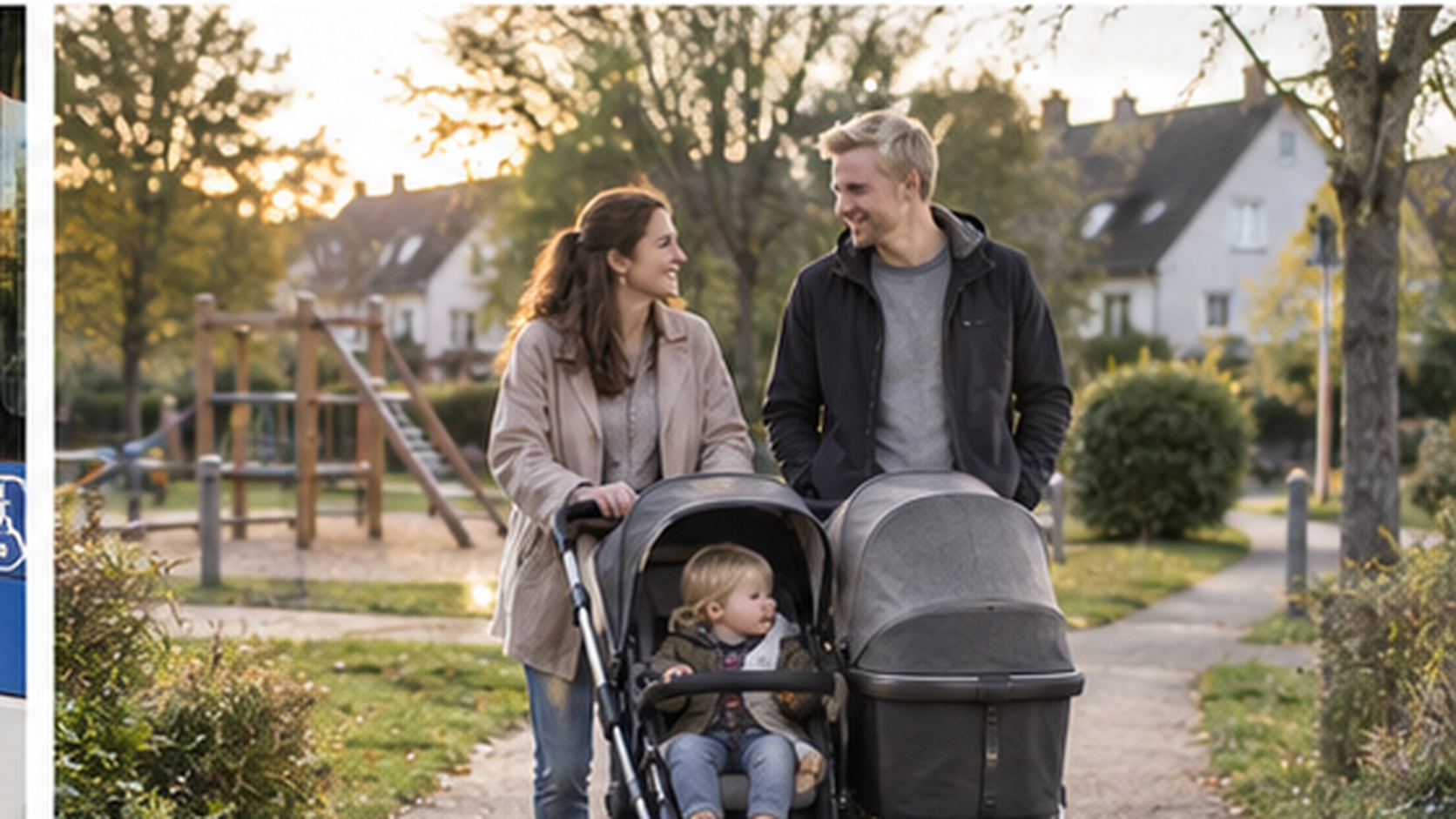 Familie mit Bugaboo Donkey 6 Double und zwei kleinen Kindern bei einem Spaziergang im Park