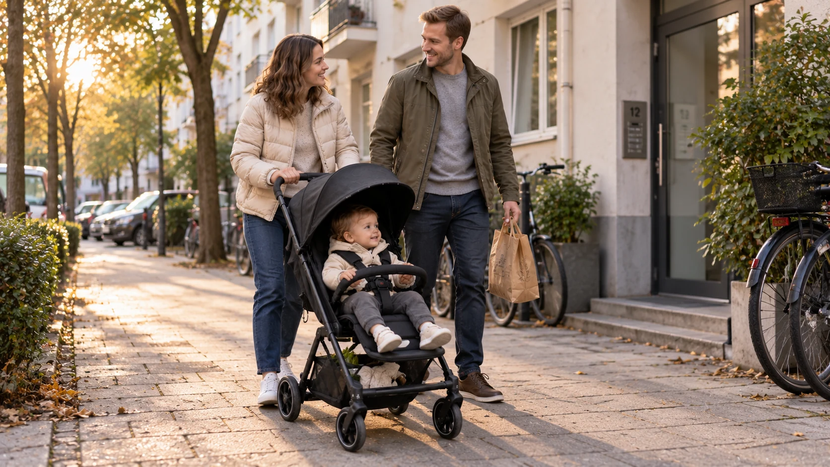Hauck Fly N Care mit Familie auf dem Rückweg durch ein urbanes Wohnviertel
