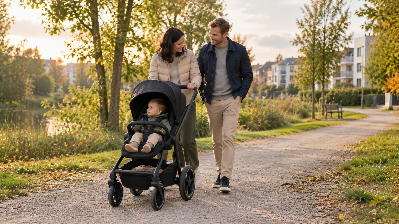 Familie mit CYBEX Talos S Lux auf einem Parkweg zwischen Grünanlage und Wohnviertel