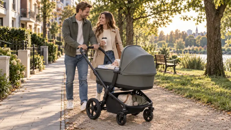 Bugaboo Cub Kinderwagen mit Familie zwischen Wohnviertel und Park
