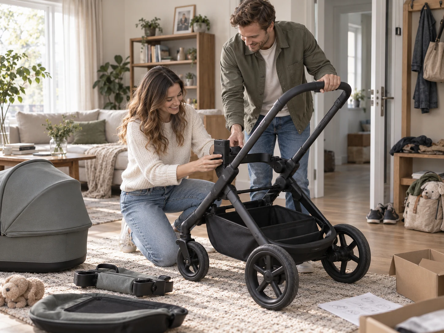 Bugaboo Cub beim Aufbau im Familienwohnzimmer mit Eltern