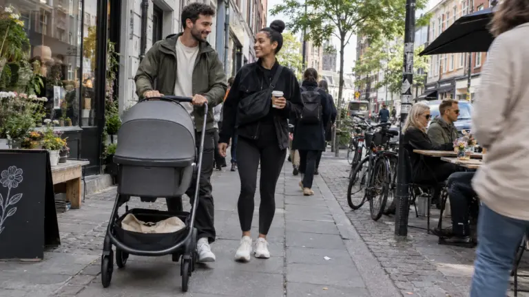 Bugaboo Dragonfly Plus ähnlicher City-Kinderwagen mit junger Familie in der Innenstadt