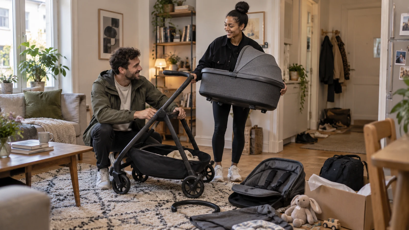 Aufbau eines Bugaboo Dragonfly Plus ähnlichen Kinderwagens in einer Stadtwohnung