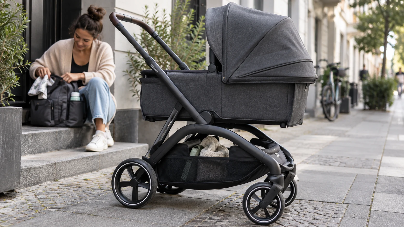 Detailansicht eines Bugaboo Dragonfly Plus ähnlichen Kinderwagens mit Rahmen und Babywanne