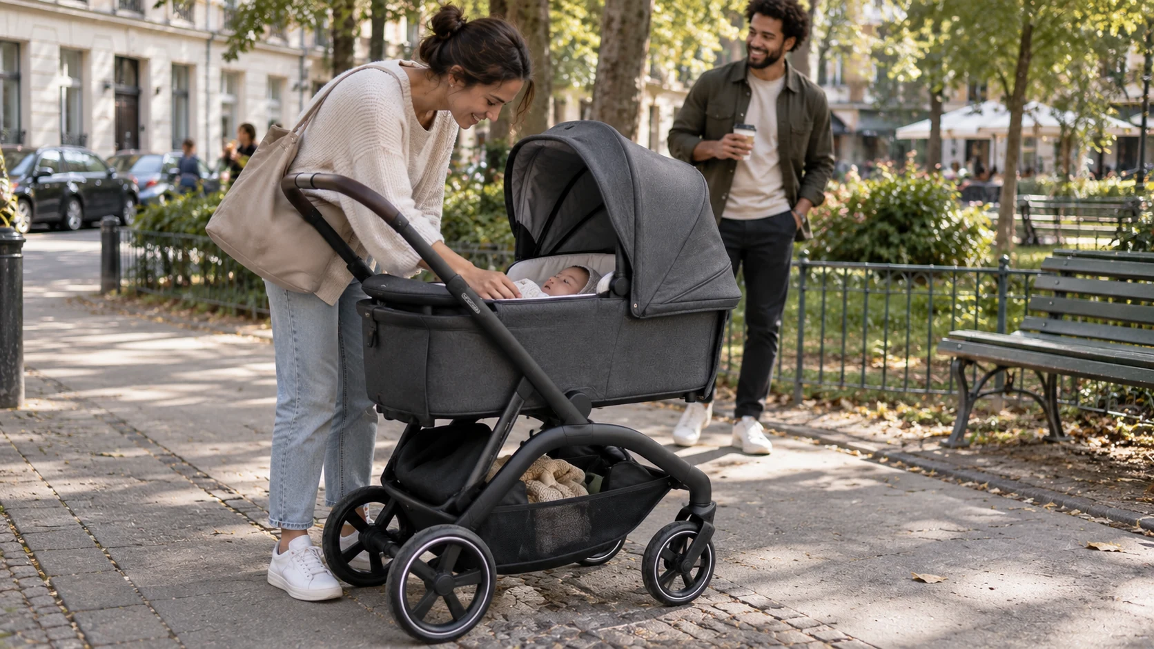 Baby in der Babywanne eines Bugaboo Dragonfly Plus ähnlichen City-Kinderwagens