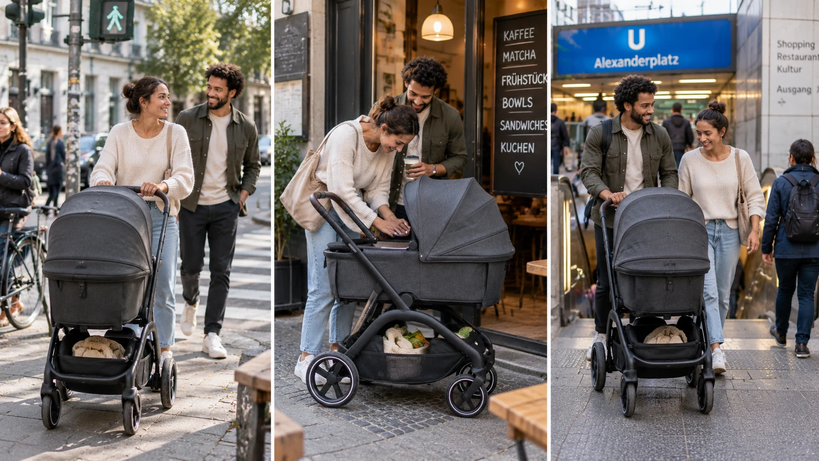 Bugaboo Dragonfly Plus ähnlicher Kinderwagen im Stadtalltag bei Café und öffentlichem Nahverkehr