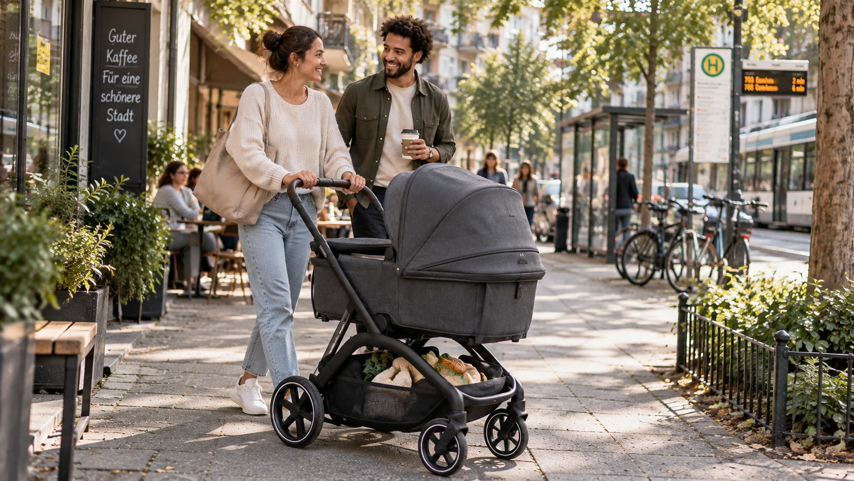 Junge Familie mit Bugaboo Dragonfly Plus ähnlichem Kinderwagen im Stadtviertel