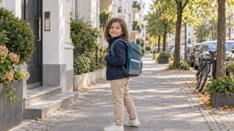 ergobag cubo light 2026 – Grundschulkind mit kompaktem Schulranzen im urbanen Familienalltag