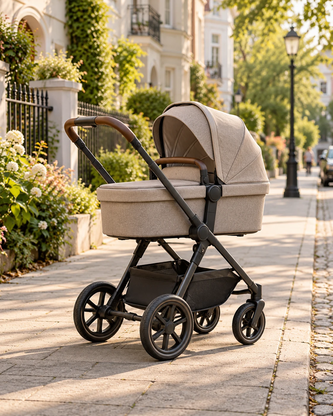 Moderner Kinderwagen auf einem Gehweg in einer familienfreundlichen Wohngegend