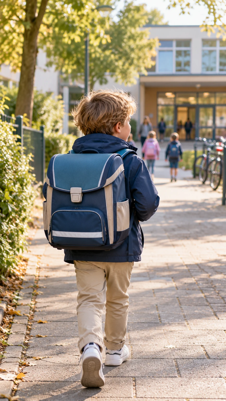 Grundschulkind mit Schulranzen auf dem Weg zur Schule