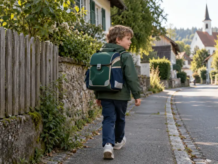 Junge mit Schulranzen auf einer Dorfstraße – Illustration zum ergobag maxi Review