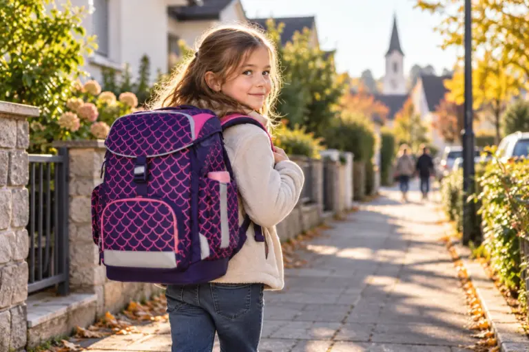 Grundschulkind mit Schulranzen auf dem Schulweg – Illustration zum ergobag maxi Review