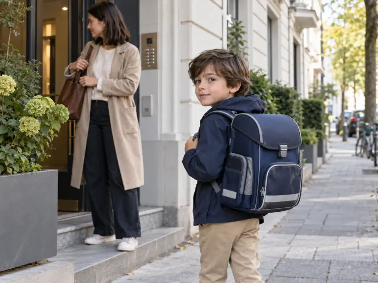 Junge mit kompaktem Schulranzen vor einem Mehrfamilienhaus – Scout Micro Review