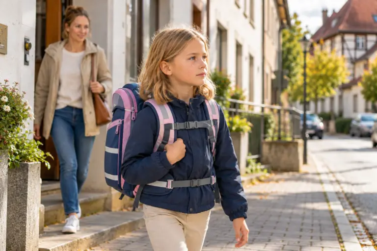 Mädchen mit Schulranzen auf dem Weg durch eine ruhige Kleinstadt