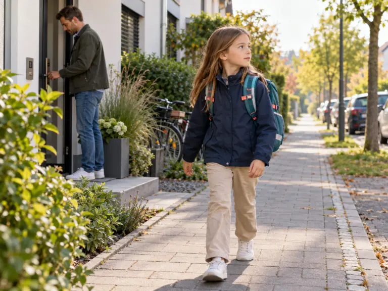 Mädchen mit kompaktem Schulranzen auf dem morgendlichen Schulweg in einer deutschen Vorstadt