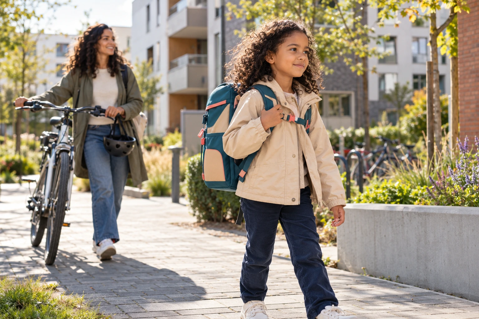 Mädchen mit Schulranzen auf dem Weg durch ein modernes Wohnviertel