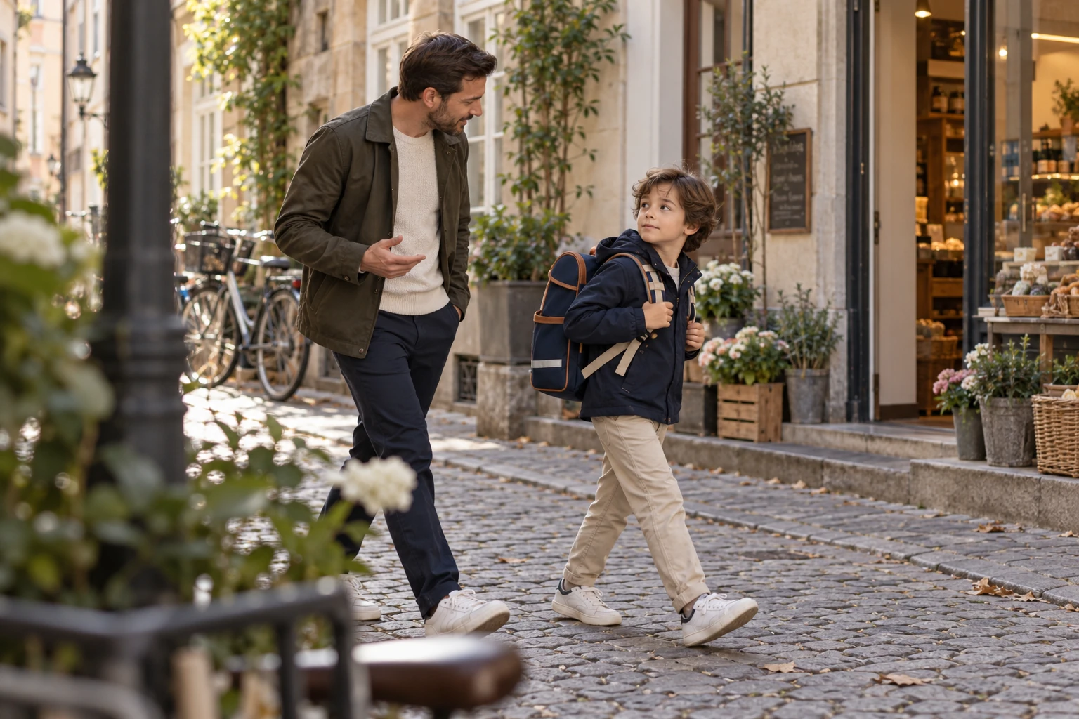 Vater und Sohn mit Schulranzen in einer Altstadt – Alltagsszene zum Step by Step FIT