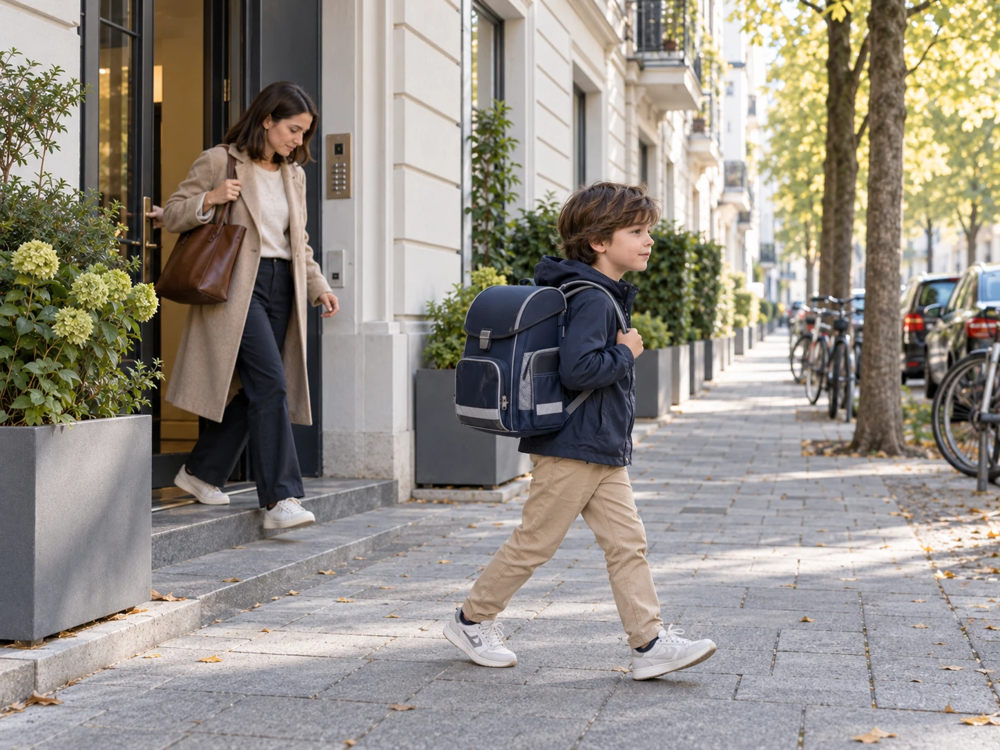 Junge mit Schulranzen auf dem Weg zur Schule in der Stadt
