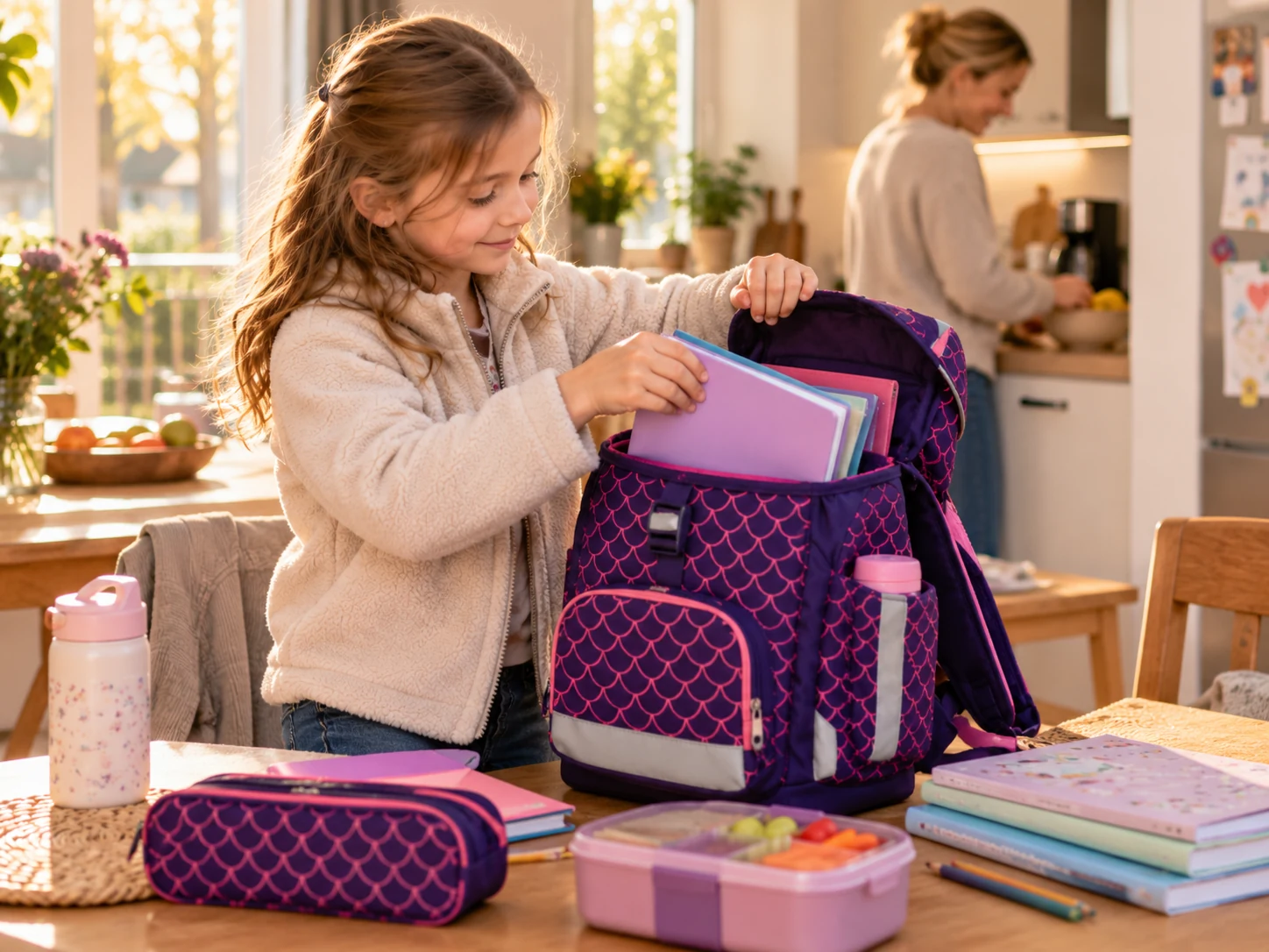 Kind packt Schulranzen mit Büchern, Brotdose und Trinkflasche – ergobag maxi Review