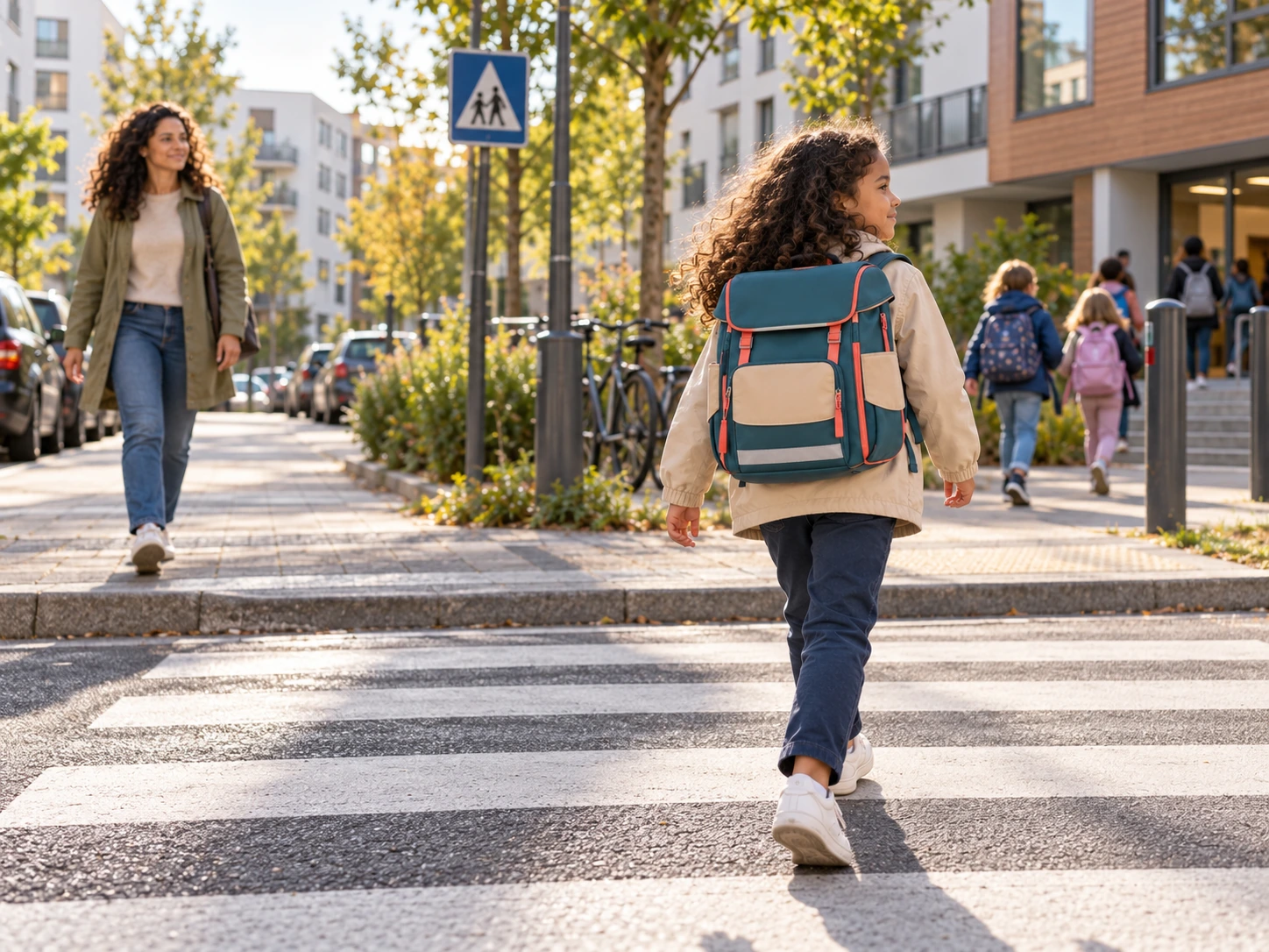 Grundschulkind mit Schulranzen an einem Fußgängerüberweg auf dem Schulweg