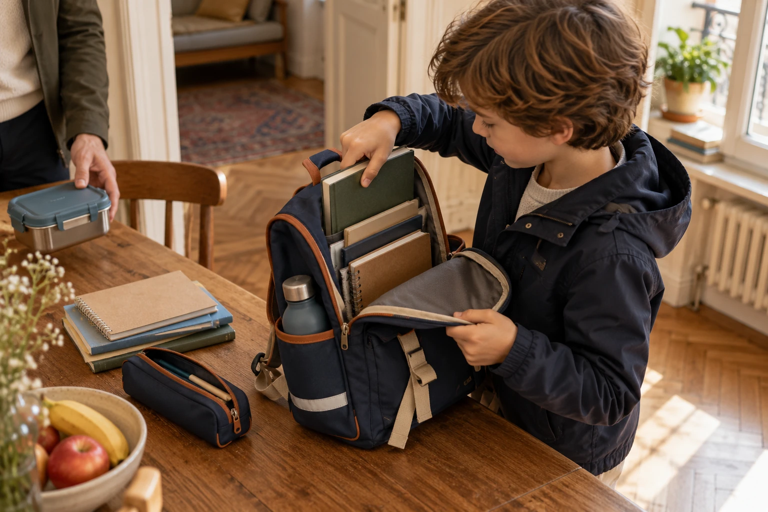 Kind packt Schulranzen mit Büchern und Brotdose – Illustration zum Step by Step FIT Stauraum