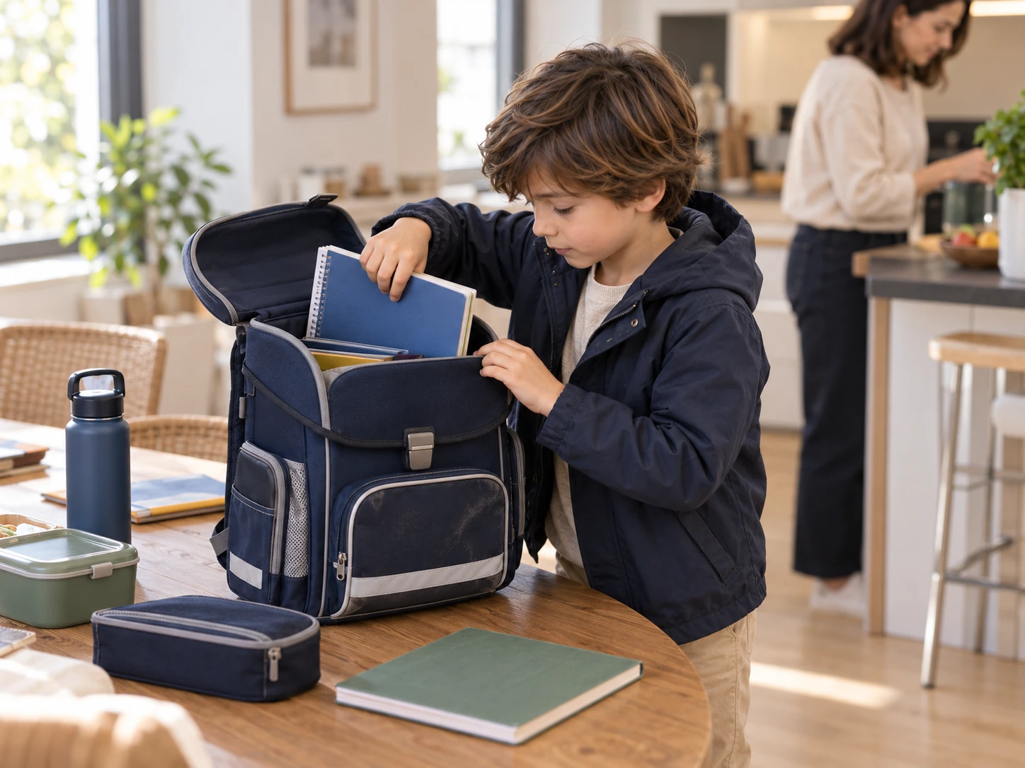 Kind packt Schulranzen mit Heften und Schulmaterial für den Schultag