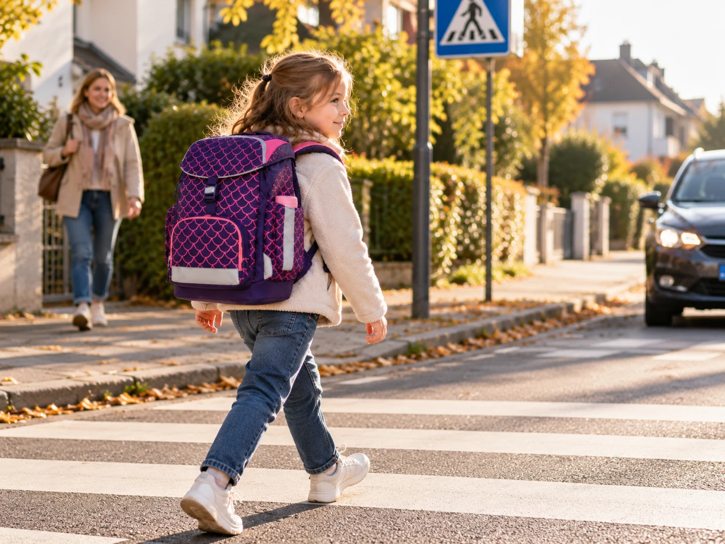 Kind mit Schulranzen am Zebrastreifen – Sichtbarkeit im ergobag maxi Review