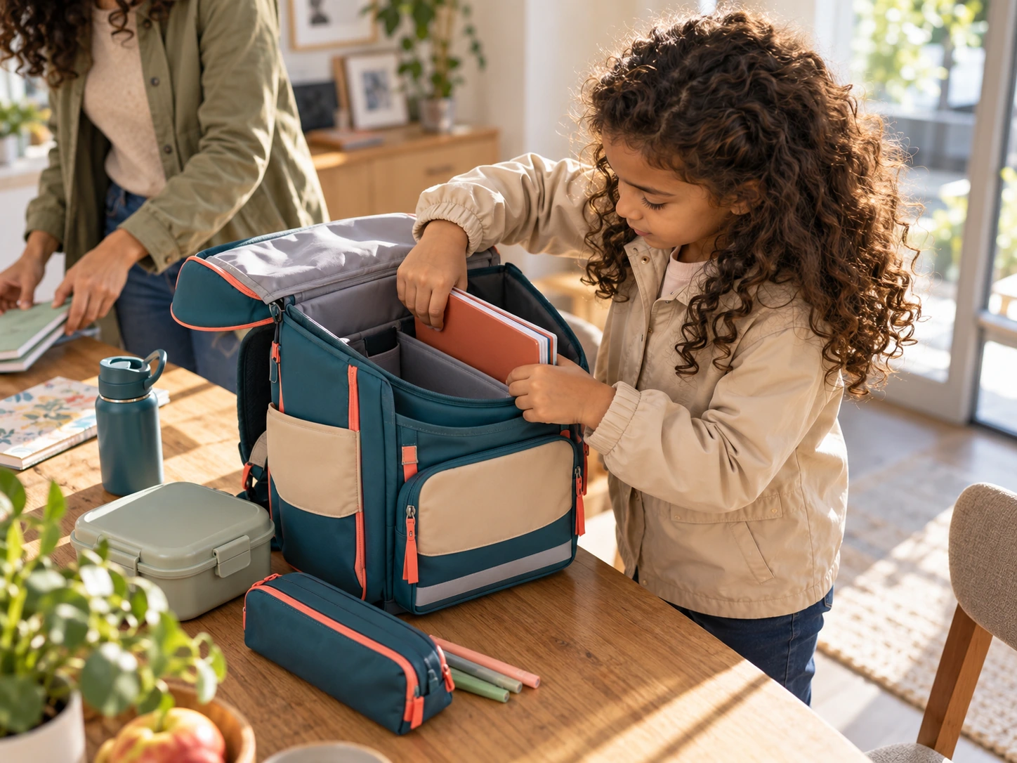 Kind packt Hefte und Schulmaterialien in einen geöffneten Schulranzen