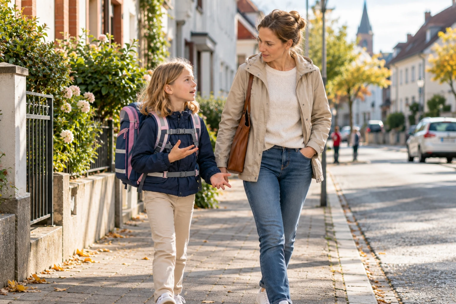 Schulkind mit Schulranzen unterwegs auf einem sicheren Schulweg