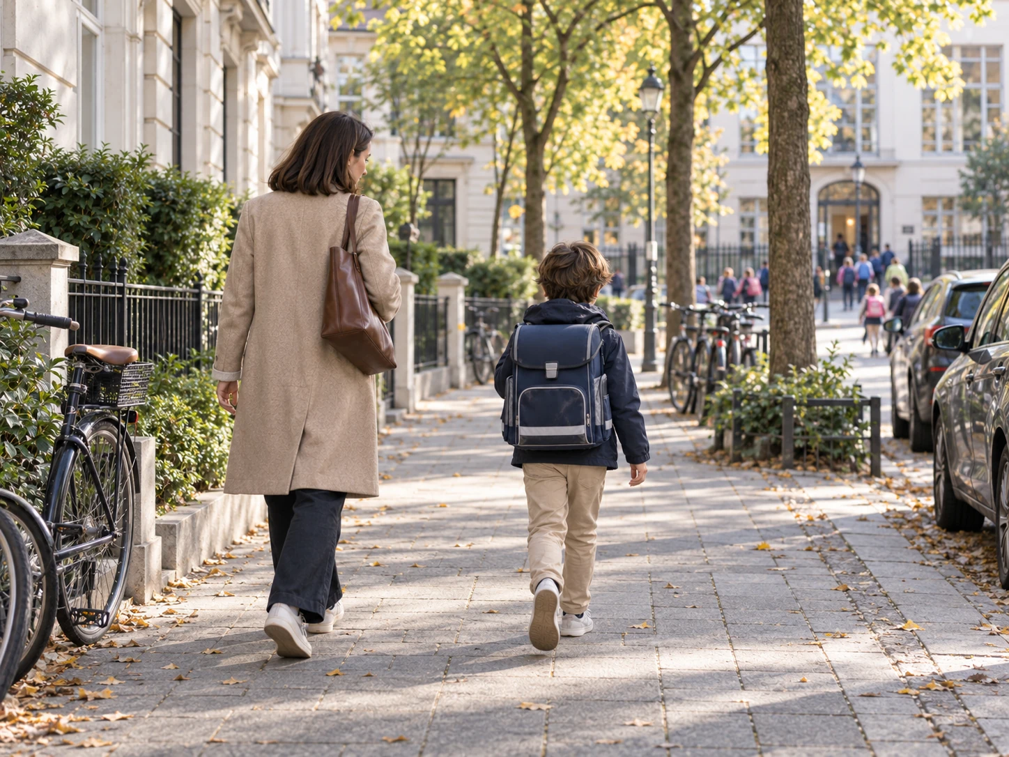 Kind mit Schulranzen auf einem urbanen Schulweg am Morgen